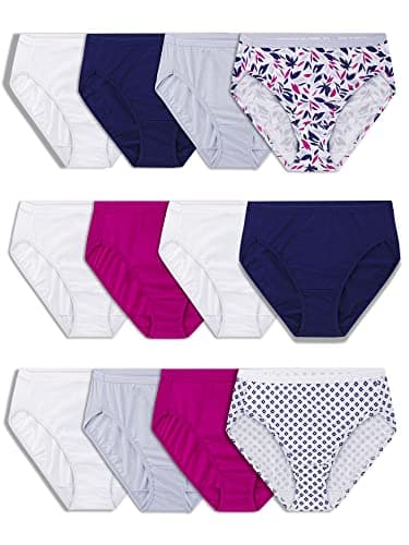 Fruit of the Loom Women's Eversoft Cotton Brief Underwear, Tag Free & Breathable, Hi Cut - 12 Pack - Navy/White/Pink, 9