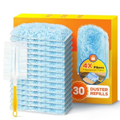30 Count Duster Refill for Swiffer Duster with 1 Handle, One-Sided Disposable Dusters Refills with 4X Microfibers, Unscented Dusters for Cleaning Home, Furniture, Blinds & Vent