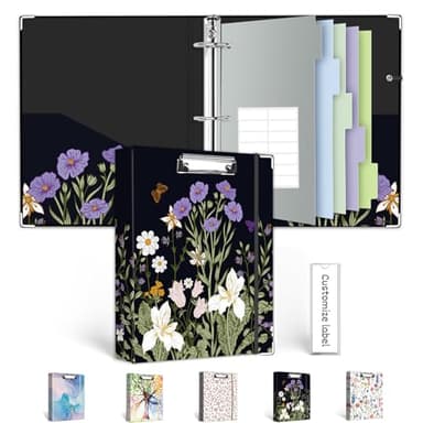 Mini Binder 3 Ring 1 Inch for 5.5"x8.5" Paper, Cute Small Three Ring Binders with Clipboard, 5-Tab Dividers, Spine ID Label Holder, BVSSX A5 Binder with Pen Holder, Black Weeds