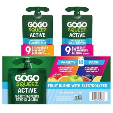 GoGo squeeZ Active Fruit Blend with Electrolytes | 18-Count Variety Pack | Blueberry Strawberry Lemon & Strawberry Pineapple Orange | Made with Real Fruit and Antioxidants Vitamin A, E, & C​