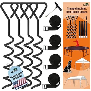 Eurmax USA Trampoline Stakes Heavy Duty Trampoline Parts Corkscrew Shape Steel Stakes Anchor Kit with T Hook for Trampolines -Set of 4 Bonus 4 Strong Belt,Black