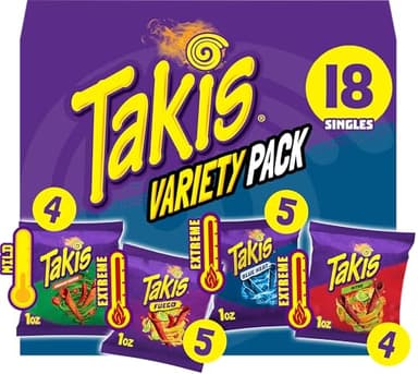 Takis 18 pc / 1 oz Variety Pack, Assorted Flavored Mixed Rolled Tortilla Chips – (5) Fuego, (5) Blue Heat, (4) Nitro, (4) Crunchy Fajitas