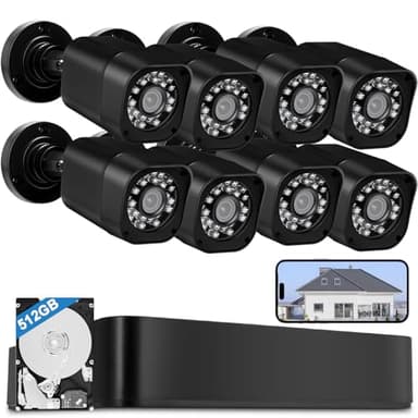 8CH 1080P Wired Security Camera System, AIWIXEN 8 x Surveillance Security Cameras Outdoor Home with Human Vehicle Detection, CCTV DVR with 512GB HDD, Remote Access, IP68 Waterproof, 24-7 Recording