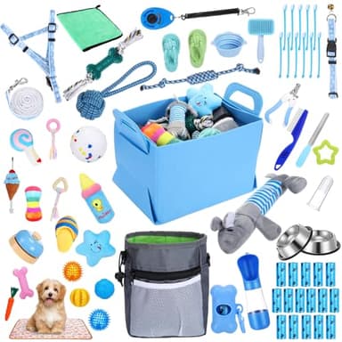 PullCrease 65 Pcs Puppy Supplies Starter Kit Small Dog Essentials Includes Dog Leash, Toys, Bowl, Brushes, Water Bottles, pet Blankets Puppy Accessories for New Welcome Gift Supplies(Cool,Blue)