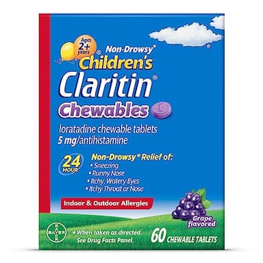 Children's Claritin Chewables 24 Hour Allergy Relief, Non Drowsy Kids Allergy Medicine, Grape Antihistamine Chewable Tablets, 60 Count