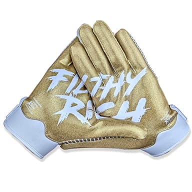 Battle Sports Filthy Rich Gold Wide Receiver Football Gloves, Ultra Stick Adult & Youth Gloves - Adult Medium, White/Gold