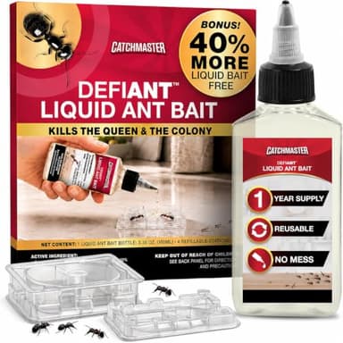 Catchmaster Defiant Premium Liquid Ant Killer, 1-Year Supply, Kills the Queen and Colony, No Mess Precision Bottle, Reusable Ant Traps Indoor & Outdoor, Pest Control Traps, Made in USA