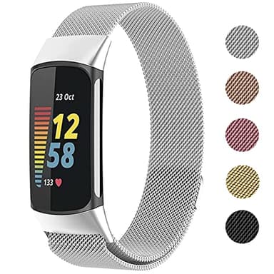 Metal Mesh Loop Bands for Fitbit Charge 5/Charge 6 Band for Women Men, Adjustable Stainless Steel Wristbands Replacement Straps for Charge 5/6 Activity Tracker（Silver-L）
