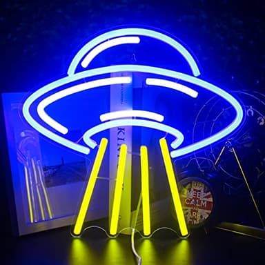 LUCUNSTAR UFO Neon Sign For Room Alien LED Neon Light Spaceship Dimmable Space Neon Signs for Wall Decor Blue UFO Neon Light Up Sign for Bedroom Game Room Wall Decor Ufo Lovers