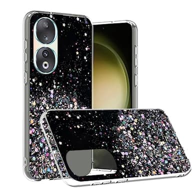 Wousunly Compatible with Honor 90 Case Glitter Clear Pink, for Honor 90 Phone Case Silicone Transparent Soft TPU Women Girls Shockproof Protective Slim Cover (Black)