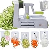 Brieftons 5-Blade Vegetable Spiralizer: Strongest-Heaviest Spiral Slicer, Best Veggie Pasta Spaghetti Maker for Low Carb/Paleo/Gluten-Free/Vegan Meals, With Extra Blade Caddy, 4 Recipe Ebooks
