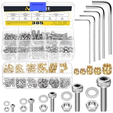 Mardatt 385Pcs M2 M2.5 M3 M4 M5 Brass Threaded Inserts with Stainless Steel Hex Socket Head Cap Screws Nuts Kit, Brass Heat Set Insert Knurled Nuts & Machine Screws Nuts for 3D Printing Components