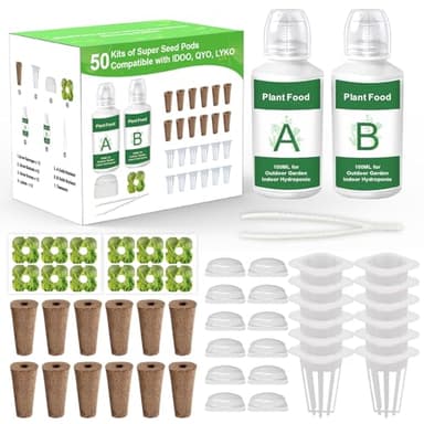 Seed Pods Kit Hydroponics Supplies with 12 Square Grow Sponges, 12 Square Grow Baskets, 12 Grow Domes, A&B Solid Nutrient Plant Food, 12 Labels and 1 Tweezer, Compatible with QYO, LYKO, iDOO IG201