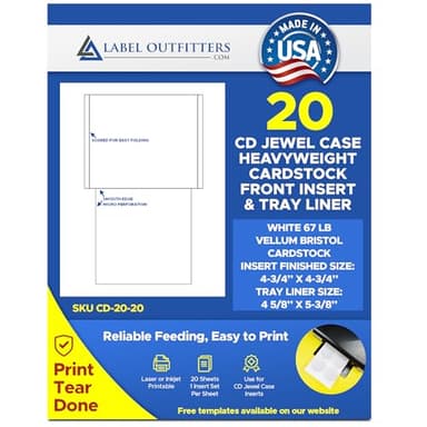 20 Label Outfitters Printable CD Jewel Case Tray Insert Sets, One Insert Set per Sheet with one Tray Liner and one Front Insert, 20 Sheets of Heavy 67# White Bristol Cardstock