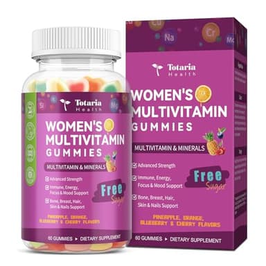 Totaria Sugar Free Multivitamin Gummies for Women 14+ w/Iron, Inositol, Folate, Biotin, Womens Daily Multivitamin Gummy w/Vitamin A, C, B, D3, K2, for Hair, Skin, Energy, Immune, Mixed Flavors