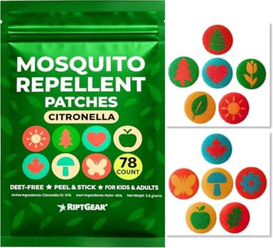 RiptGear Mosquito Patches - 78 Pack of Bug Stickers for Kids and Adults, Natural Citronella Patch Sticks to Any Surface - DEET Free Mosquito Stickers