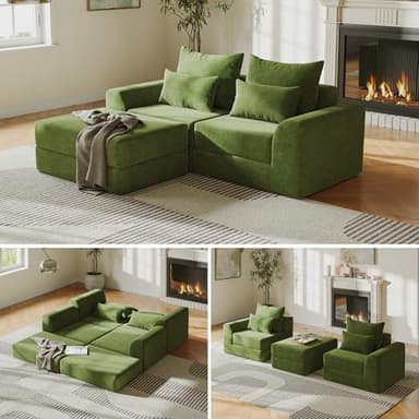 SOFA-IN-BOX Modular loveseat with Ottoman, L-Shape Boneless Couch, Customizable Sectional Couch, Free Combination Design Sleeper Sofa, Sage Meadow