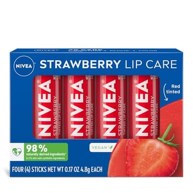 NIVEA Strawberry Lip Care, Red Tinted Lip Balm Pack with Shea Butter, Nourishing Oils and Vitamin C & E, 3-in-1 Moisture, Repair and Color, 0.17 Oz Stick, Pack of 4