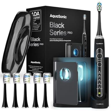 Aquasonic Black Series PRO UV – Ultra-Whitening Electric Toothbrush – 5 Modes & Smart Timers – UV Sanitizing Base, Premium Travel Case & 6 Proflex Brush Heads – ADA Accepted