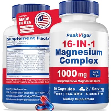 16 in 1 Magnesium Complex, 1000mg Magnesium Complex Supplement for Women with Magnesium Glycinate, Citrate, Orotate, L-Threonate, Malate, Sleep Support, Third-Party Tested, Easy-Swallow Vegan Capsules