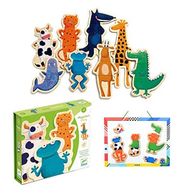 DJECO Crazy Animal Mix & Match Wooden Magnets - Cute Animal Toys for Toddlers - Fun & Creative Activity for Family & Friends - Magnetic Toy for Children 2+ Years Girls & Boys