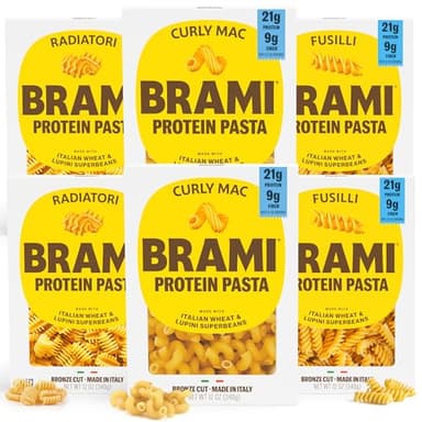 Brami Fusilli, Curly Mac, Radiatori Italian Protein Pasta | Low Carb | High Fiber | High Protein |Keto|Non-GMO|Made in Italy|Semolina Pasta, Fortified with Heart Healthy Lupini Beans|8oz (Pack of 6)