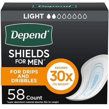 Depend Shields Incontinence Pads for Men, Light Absorbency, 58 Count (Packaging May Vary)