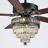 Crystal Ceiling Fan Fandelier with Lights - Modern Outdoor Fans with Remote Control，Noiseless AC Motor, Retro/Farmhouse Lighting, Dining Room， Living Room (52"