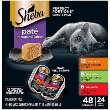 Sheba Perfect Portions Wet Cat Food Pate Savory Chicken Entree, Roasted Turkey Entree, and Tender Beef Entree Variety Pack, 2.6 oz. Twin Pack Trays (24 Count, 48 Servings)