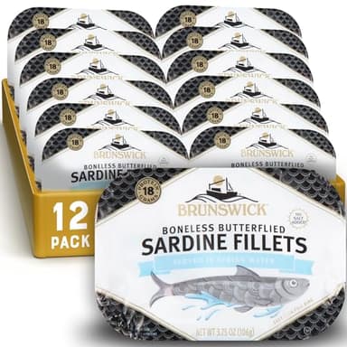 Brunswick Sardines in Spring Water, 3.75 oz Can (Pack of 12) - Boneless Butterflied Sardine Fillets - Wild Caught - 18g Protein per Serving - Gluten Free, Keto Friendly