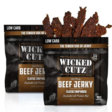 Wicked Cutz Classic Chop House Beef Jerky, 33g Protein Per Bag, Tender & Easy to Chew Alternative to Beef Sticks, USA Made High Protein Carnivore Snacks (2 Bags)
