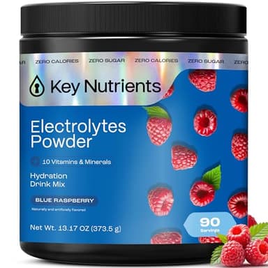 KEY NUTRIENTS Multivitamin Electrolytes Powder No Sugar - Sweet Blue Raspberry Electrolyte Powder - Endurance & Energy Supplement - Hydration Powder - No Calories - 90 Servings - Made in USA