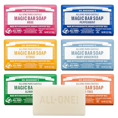 Dr. Bronner's Pure-Castile Magic Bar Soaps (5 Ounce Variety Gift Pack) Almond, Unscented, Lavender, Peppermint, Citrus, Rose - Made with Regenerative Organic Certified Oils, Vegan, Non-GMO