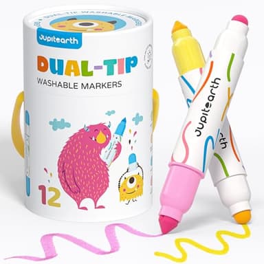 JUPITEARTH Washable Dual Tip Markers for Kids, Broad & Round Tip, Easy-Grip Design for Little Hands, 12 Vibrant Colors Toddler Markers with Portable Case, Ideal Christmas Gift for Kids Toddlers