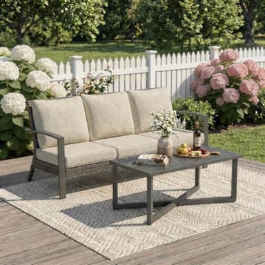 Green4ever Patio Sofa with Coffee Table, Wicker Outdoor Couch with Cushions for Pool, Porch, Beige