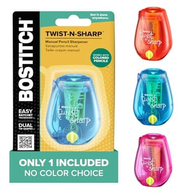 Bostitch Office Pencil Sharpener, Manual, One Assorted Color, Twist-n-Sharp, Kids, Boys, Girls, Colored Pencils, 1 Pack
