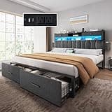 YITAHOME King Size Bed Frame with 2 Storage Drawers and Charging Station, Linen Upholstered Bed with Storage Headboard and LED Light, Heavy Duty Metal Support, No Box Spring Needed, Noise Free, Grey