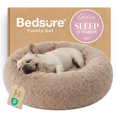 Bedsure Calming Dog Bed Medium Size Dog - Donut Washable Medium Pet Bed, 30 inches Anti-Slip Round Fluffy Plush Faux Fur Cat Bed, Fits up to 45 lbs Pets, Camel