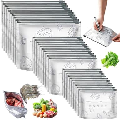 30Pcs Reusable Aluminum Foil Sealable Storage Bags, New Resealable Vacuum Zipper Pouches for Food, Thicken Stand Up Foil Sealable Bags with Label and Zip Lock for Vegetable Fruit Meat (3 Size)