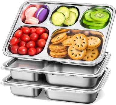 Stainless Steel Snack Containers with Plastic Lids - 3 Pack - 5 Compartments Bento Snack Boxes - Large Reusable Meal Prep for Kids Adult - Divided Food Storage Container for School, Lunch, Home Travel