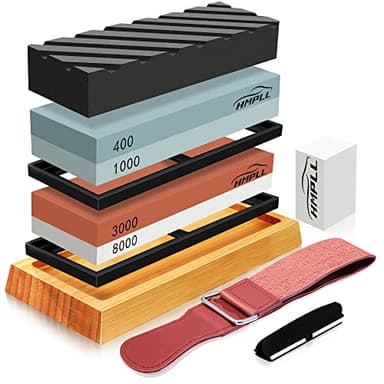 HMPLL Knife Sharpening Stone Set, Professional Whetstone 4 Side Grit 400/1000 3000/8000, Whetstone Knife Sharpener Stone Set Include Non-slip Base, Leather Strop, Flattening Stone & Angle Guide