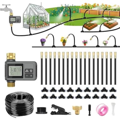 HEKIWAY 60Ft Drip Irrigation System with Smart Water Timer – Automatic Garden Watering Kit with Solid Brass Metal Connectors, 360° Adjustable Nozzles & Bendable Tubing for Garden, Greenhouse & Lawn