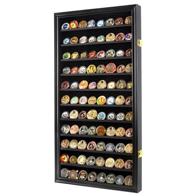 DisplayGifts Military Challenge Coin Display Case Poker Chips Holder Wall Cabinet Showcase Rack 29H X 16W Compatible with Army Navy Air Force Marine Corps Challenge Coins