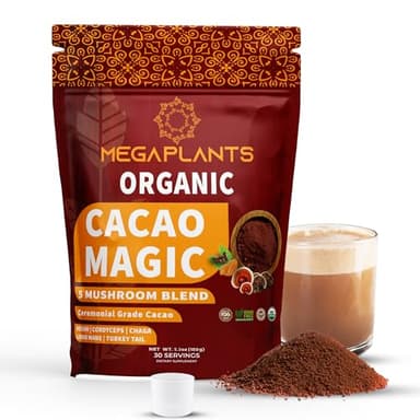 MegaPlants Cacao Magic (30 Servings) | Superfood 5 Mushroom Blend | Lions Mane, Reishi, Chaga, Cordyceps, Turkey Tail | Smoothie, Hot Chocolate, Coffee Alternative