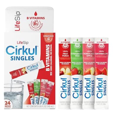 LifeSip® Cirkul® Singles 24-Pack, B-Vitamins Flavor Water Variety Pack, No Sugar, Zero Calorie Drink Mix, (6 Fruit Punch, 6 Strawberry Kiwi, 6 Honeycrisp Apple, and 6 Watermelon)
