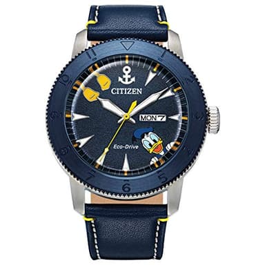 Citizen Eco-Drive Men's Disney Donald Duck Watch, Blue IP Stainless Steel on Blue Leather Strap, 3-Hand Day Date, Luminous, 44mm (Model: AW0075-06W)