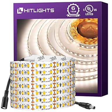 HitLights White LED Strip Lights 4000K,16.4ft High Density 12V Tape Light, UL Listed, 600 LEDs, CRI>90, 300Lm/ft, Flexible Dimmable Rope Lights for Bedroom, Kitchen, Cabinet(Power Source Not Included)