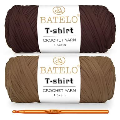 BATELO 2 Pack T-Shirt Crochet Yarn for Beginner Projects - Thick Yarn (Polyester), 400g/144yds, High Elasticity (Milk Tea Brown+Coffee)