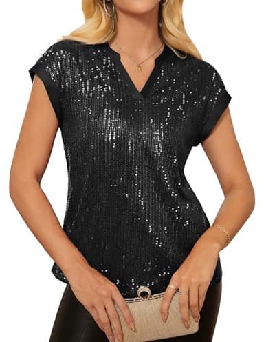 GRACE KARIN Womens Black Tops V Neck Cap Sleeve Party Blouse Dressy Fall Sequin Shirts 2026 Trendy Fashion Black XL