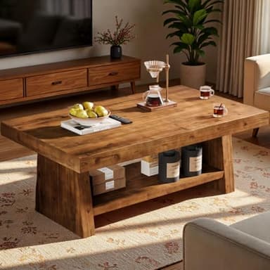 TRIBEWOOD Solid Wood Coffee Table, 47-Inch Farmhouse Wooden Coffee Table for Living Room, 2-Tier Rectangular Center Table with Storage for Apartment, Home Office, Dark Brown